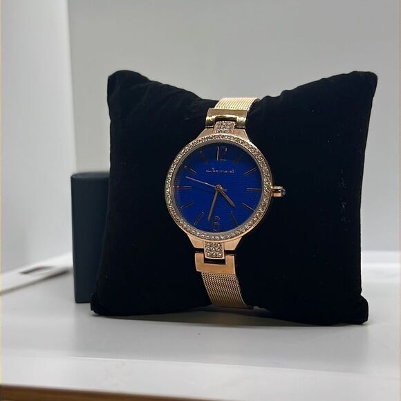 New Jeanneret Luxury Crystal Bezel Blue Face Gold Tone Mesh Band Wristwatch main image 12
